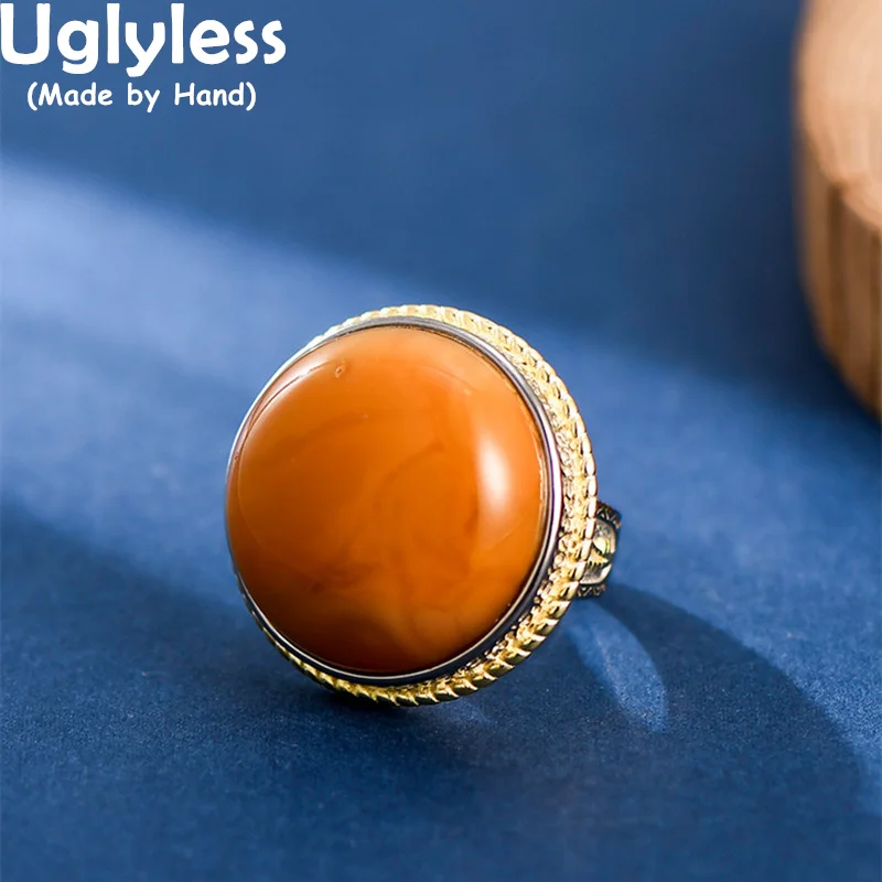 

Uglyless Exaggerated Huge Amber Beeswax Rings for Women Fashion Party Dress Jewelry Natural Gemstones Buttons Rings 925 Silver