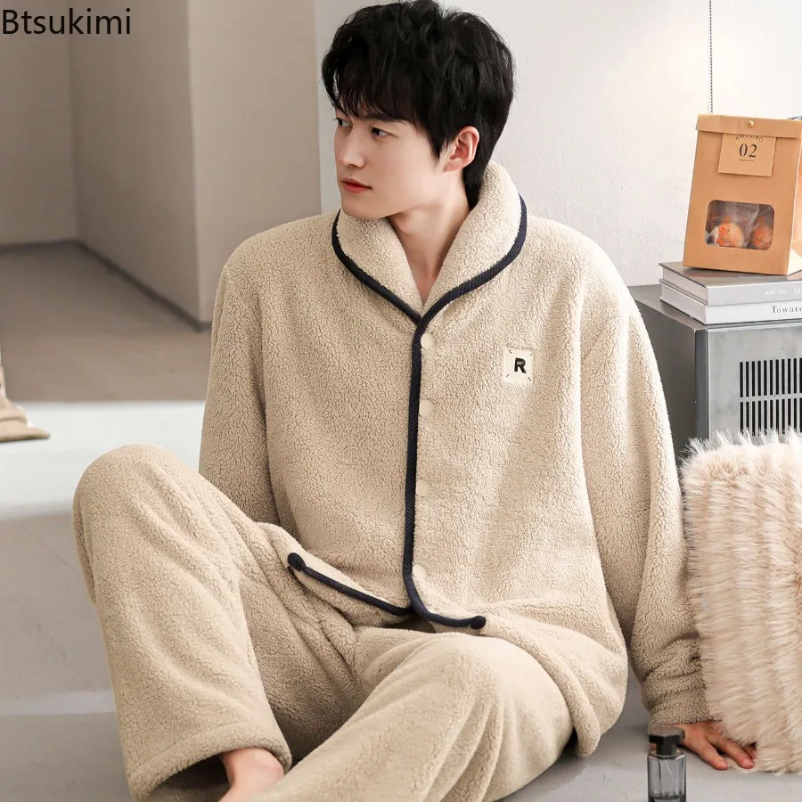 2026 Men's Coral Fleece Lined Pajama Sets Autumn Winter Thickened Warm Stand Collar Simple Male Winter Single-Breasted Homewear