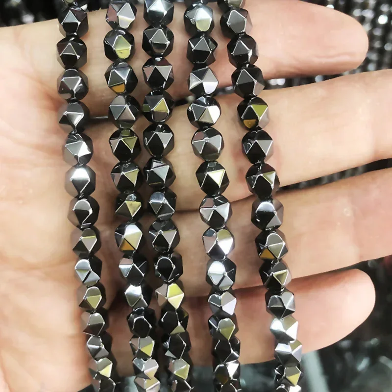 15inch 2/3/4/6/8mm Black Faceted Hematite Bead Natural Stone Cube Bulk Irregular Geometric Beads  For Jewelry Making Round bed