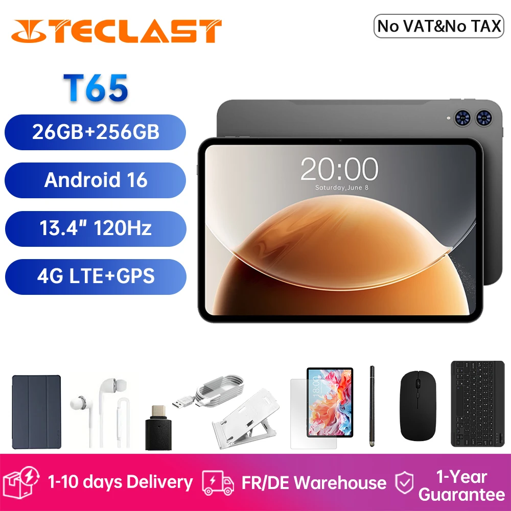 Tablette Teclast T65 13,4 pouces Android 16 Écran 1920x1200 120Hz Processeur T7280 8 cœurs 26 Go de RAM (6 Go + 20 Go) 256 Go de ROM 4G LTE GPS 8000 mAh Type-C