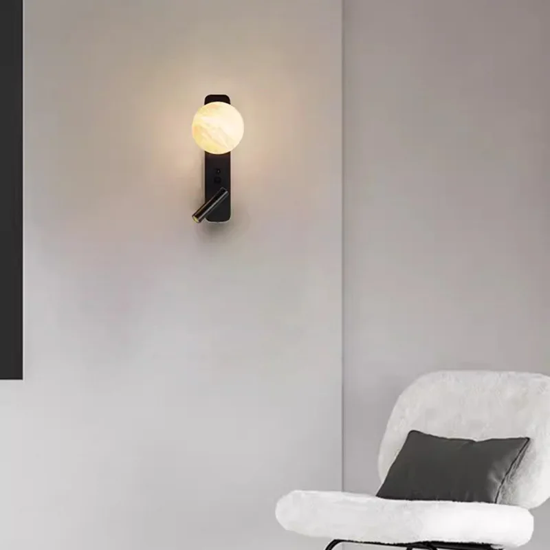 Modern Black All Copper Wall Lamps Pure Natural Marble Wall Lights Bedroom Bedsides Spotlight Rotatable Light Independent Switch