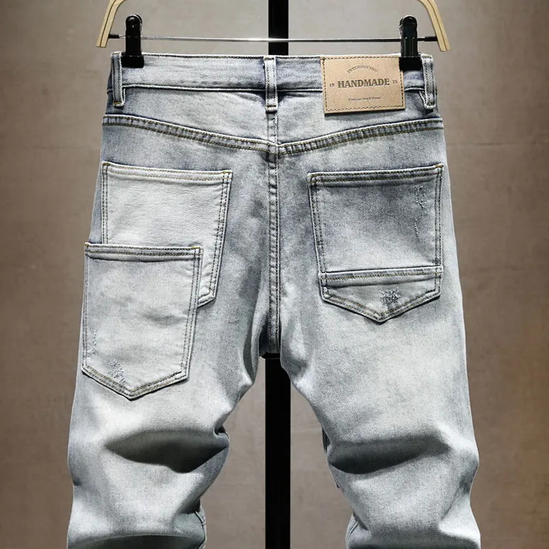 Street Designer Fashion Men Jeans Retro Gray Blue Stretch Slim Fit Painted Ripped Jeans Men Hip Hop Vintage Denim Pants Hombre