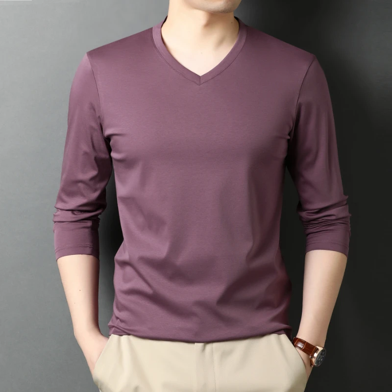 

2022 Spring Autumn Mens T-shirts Luxury Long Sleeve Solid Color V Collar Thin Male T-shirts Fashion Simple Casual Man Tees
