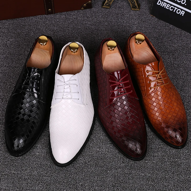 Trending Fashion Men Shoes Plaid Business Casual Leather Dress Shoes for Men Point Toe Lace Up Elegant Oxfords Formal Style