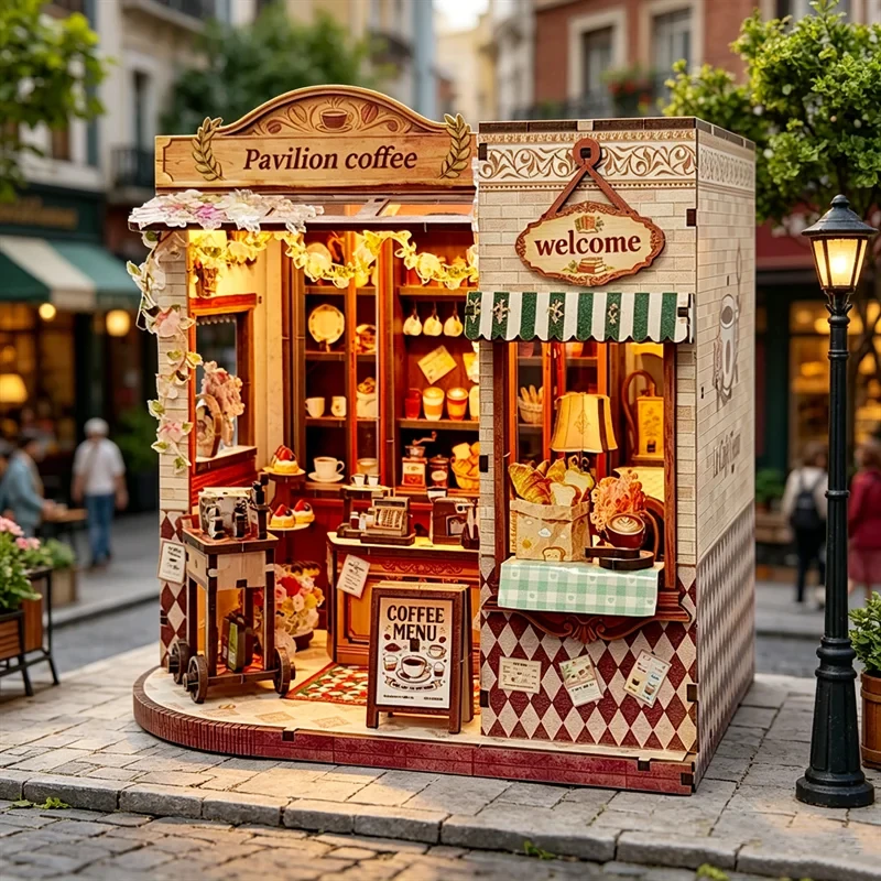 DIY Model Kits Pavilion Coffee Casa 3D Puzzle Wooden Miniature Dollhouse With Furniture Lights for Friends Birthday Gifts