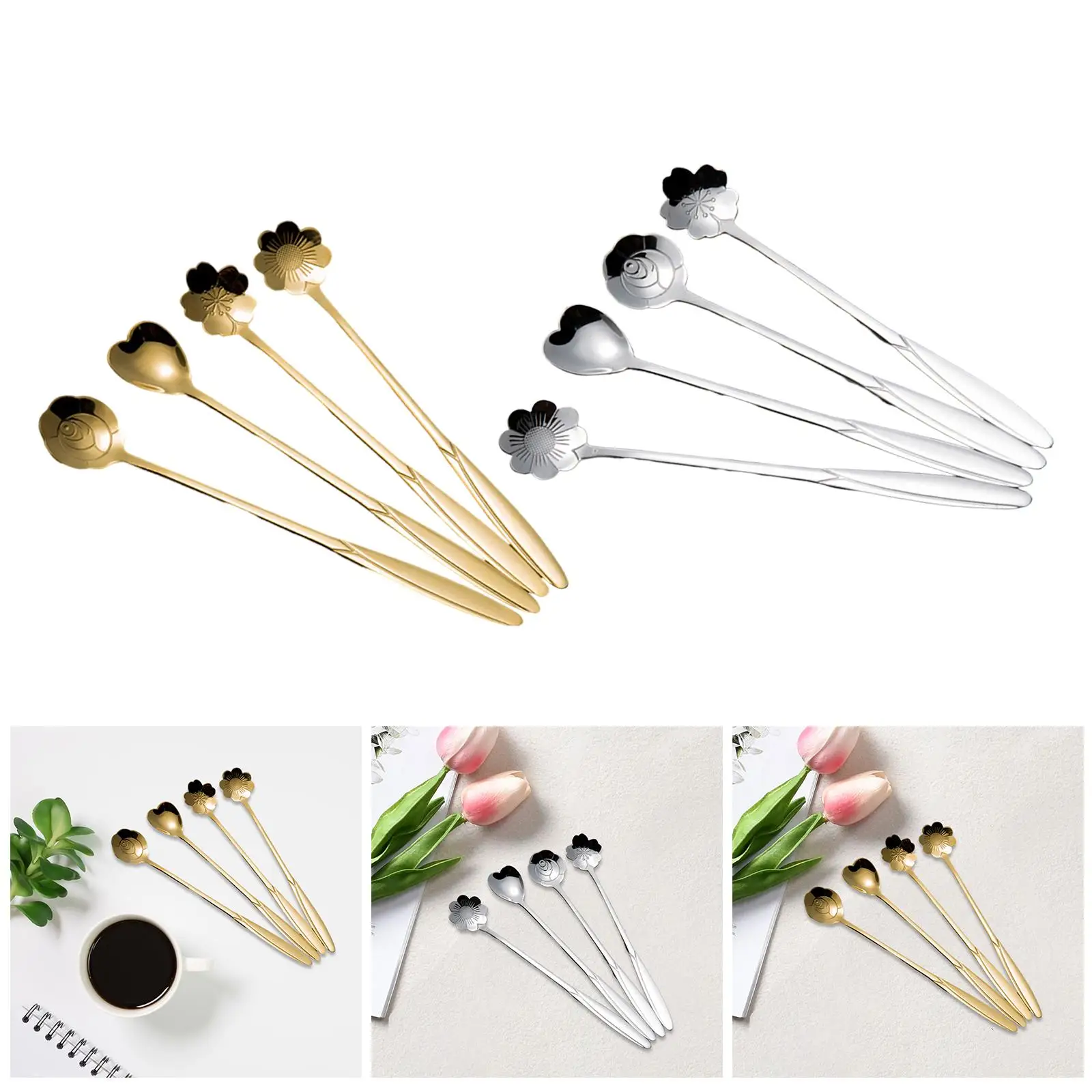 4 Pieces Flower Spoon Set Cake Spoon Reusable Elegant Long Handle for Dining