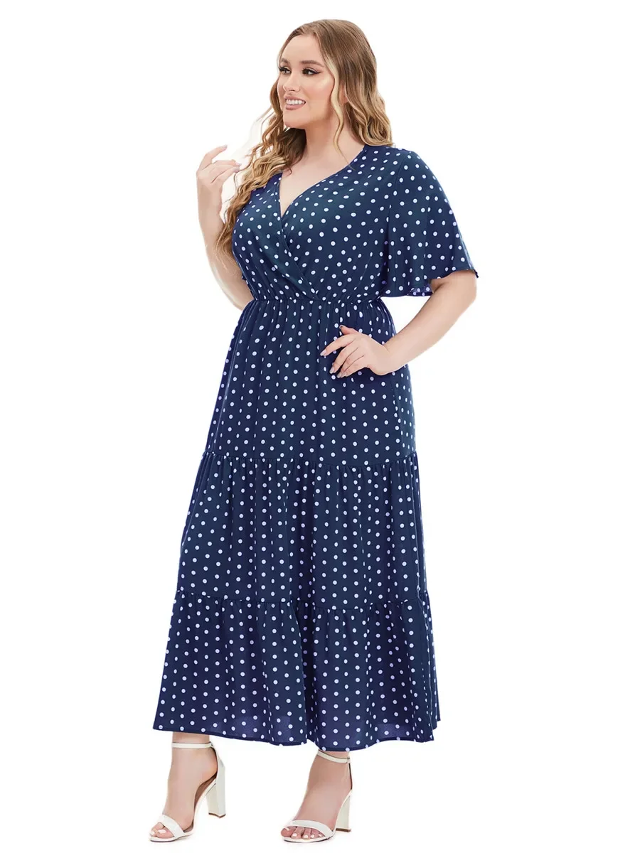 Fashion Summer Dresses for Women Long Dress Red Green Blue Short Sleeve Women's Elegant Clothing Womens Dots Holiday Clothes