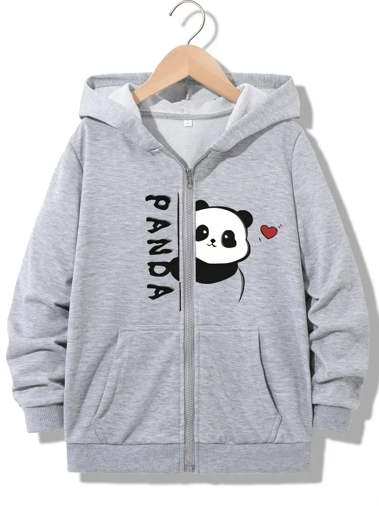 Kids Black Zip Up Hoodie Split Peeking Panda Red Heart And Vertical Panda Letter Graphic Long Sleeve Pocket Casual Hooded Jacket