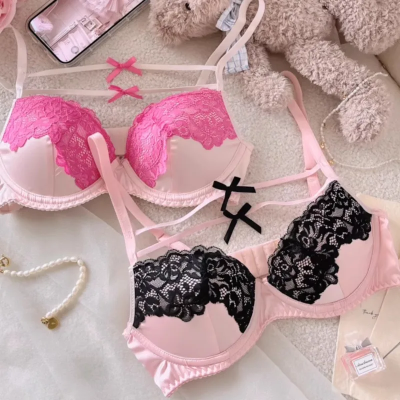 Lace Sexy Lingerie Set Pink Black Cute Bow Bra Set Panties Briefs Two-piece Set Women Intimates Underwear Suit Nymphish Hot Top