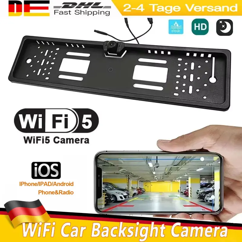 Caméra de recul WiFi pour voiture 170° °   Cadre de plaque d'immatriculation européenne UE, caméra de recul étanche HD vision nocturne pour iOS/Android
