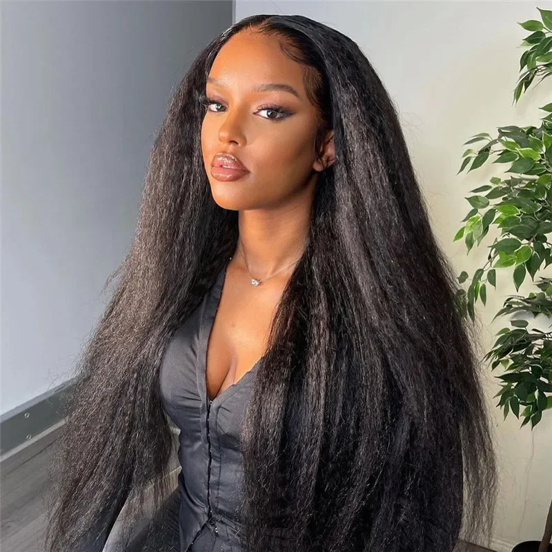 Perruque Yaki Lace Front Wig noire lisse, 26 pouces, pre-plucked, avec baby hair, longue densité 180, pour femmes noires