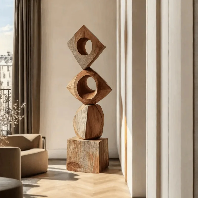 Handcrafted Engraved Multi-Shape Solid Wood Stack Sculpture (Hollowed)-Modern Home & Office Decor
