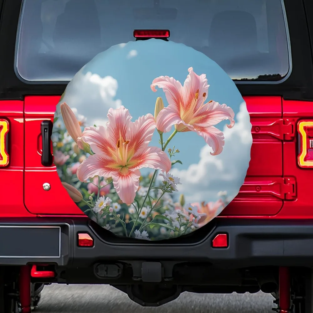 

Pink Lily Flower Spare Tire Cover Polyester Waterproof Anti UV Protector for SUV