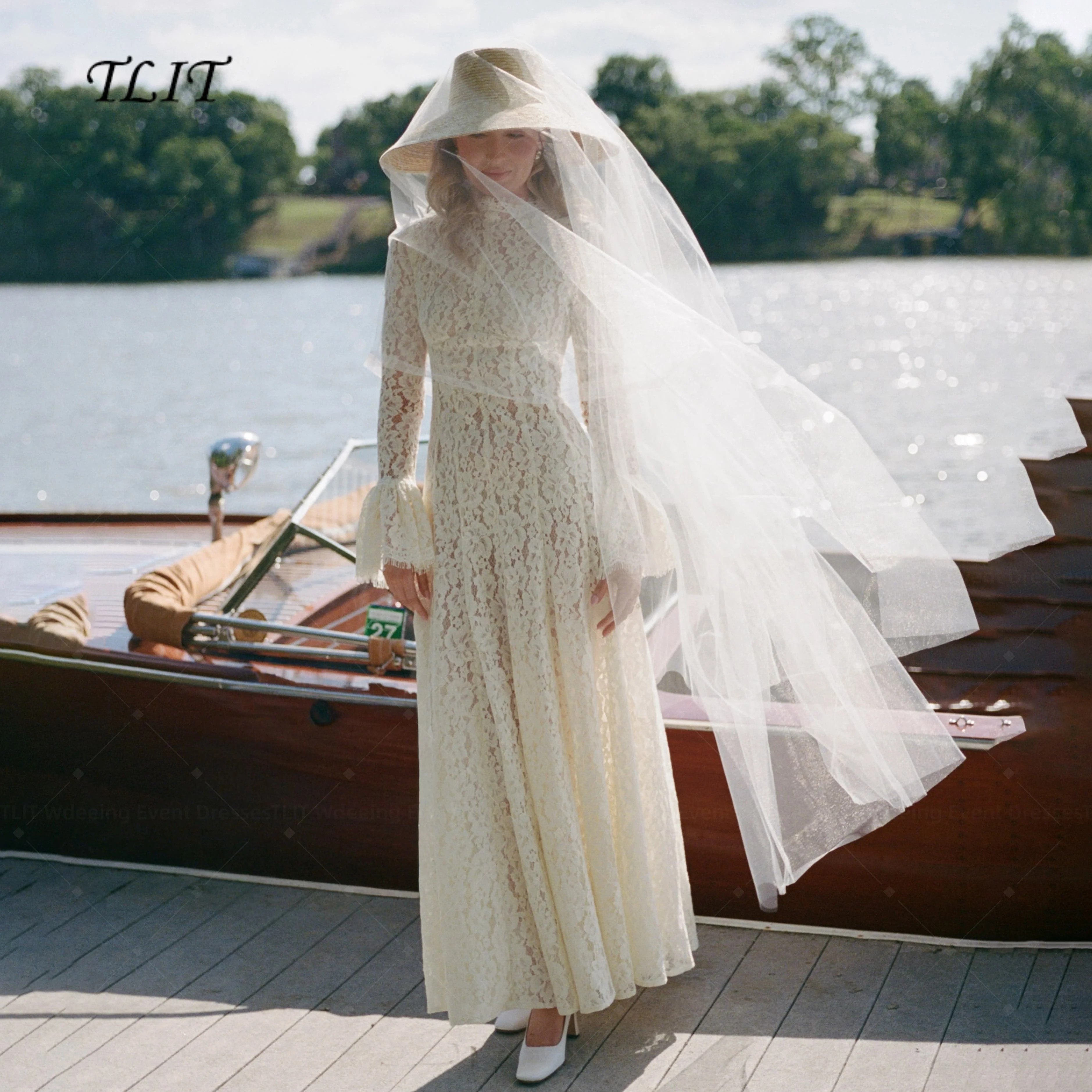 TLIT Customized Ivory Boho Lace Wedding Gown High Neck Long Bell Sleeve A Line Bridal Gown Lace Floor Length Wedding Dress