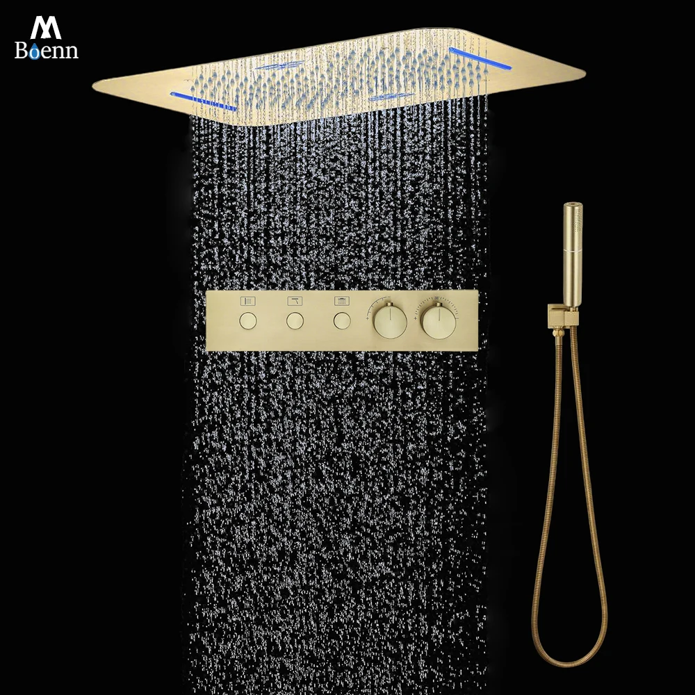

M Boenn Hotel Shower Set Brushed Gold Shower Head Rainfall Bathroom Faucet System Push Button Thermostat Mixer Showers Diverter
