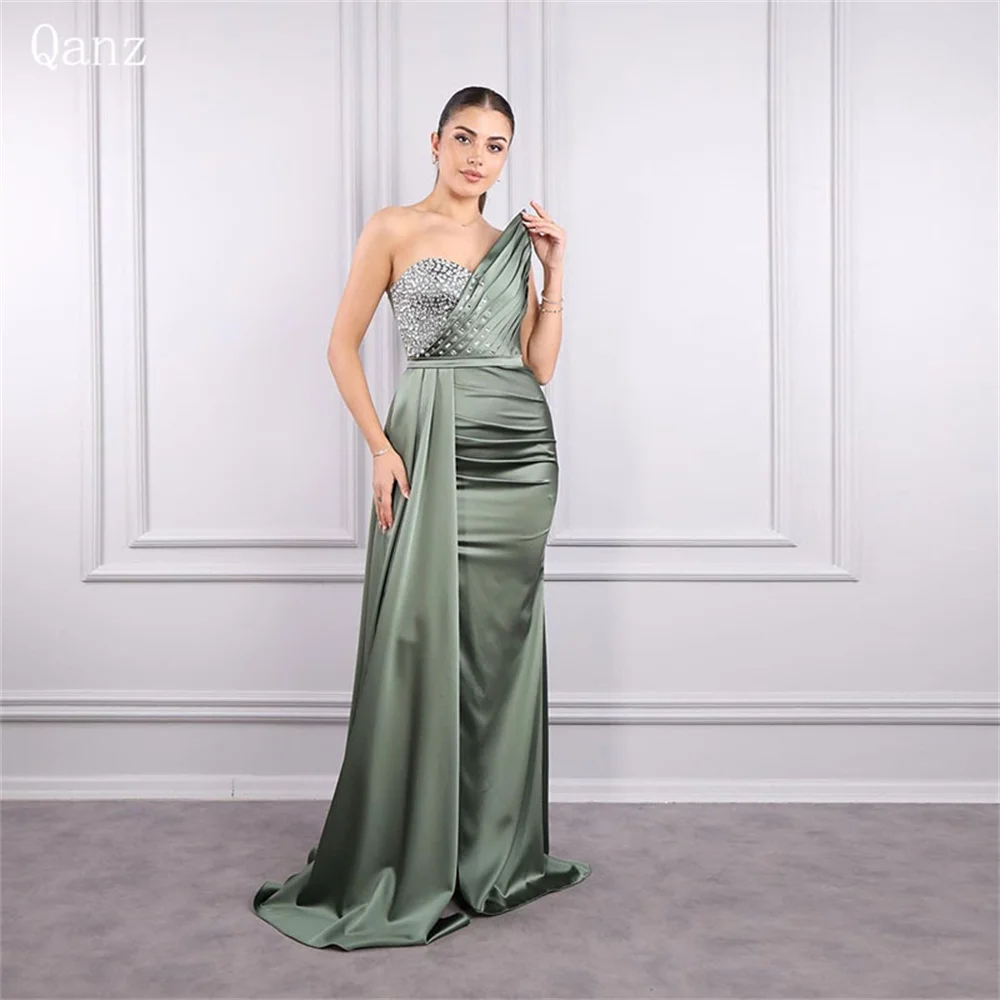 

Qanz Green Mermaid Satin Evening Dresses Sleeveless Crystals Prom Gowns Formal Occasion Prom Party Dresses Customized