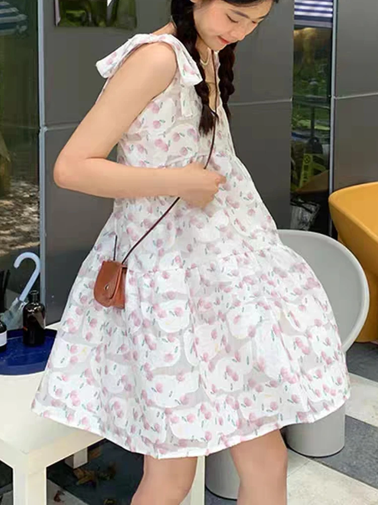 Floral Mini Dress Women Baggy Lovely Summer Aesthetic Sleeveless Holiday Prairie Style Girlish Streetwear Ins Minority 2023 New