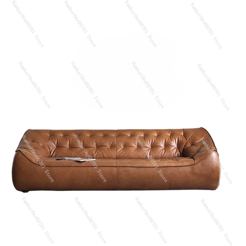 

Retro full oil wax leather bean bag sofa antique living room straight row three light luxury leather sofa