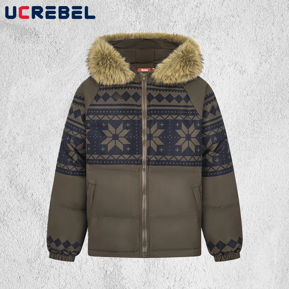 سترة مبطنة مطبوعة بنمط فير آيل للرجال شتوية سميكة ملابس خروج فضفاضة بأكمام طويلة وياقة من الفرو وقلنسوة سترة مبطنة للرجال