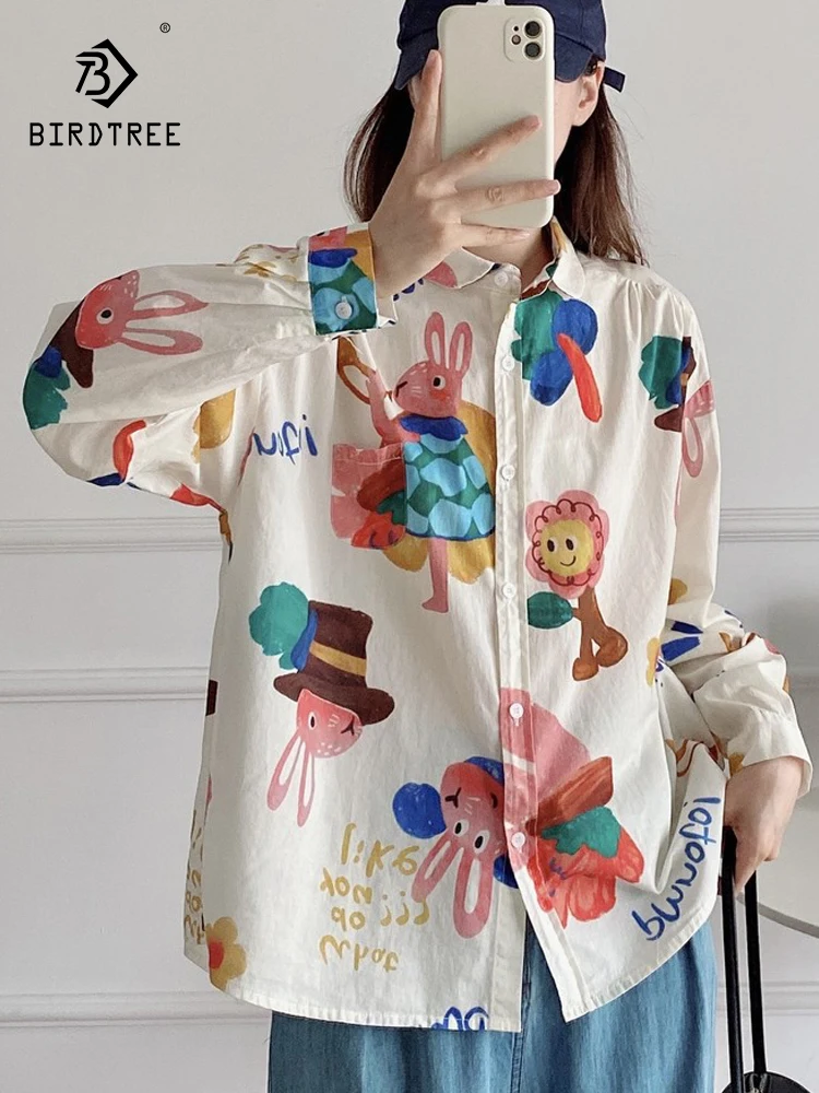 

New 2026 Spring Women Cotton Long Sleeve Shirt, Turn-down Collar Cartoon Print, Mori Girl Age Reduction Loose Blouse T62487CC