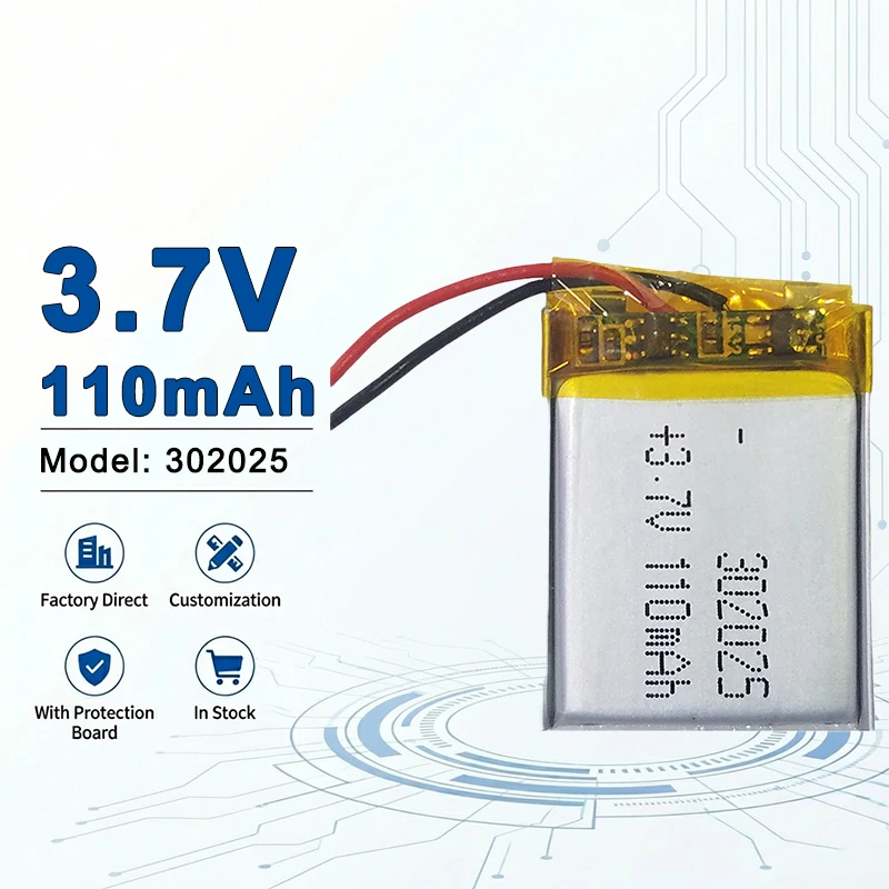 

Аккумулятор литий-полимерный перезаряжаемый 3.7V 110mAh для носимой Bluetooth-электроники (модели 302025, 302030, 351423, 401525, 402030, 402035)