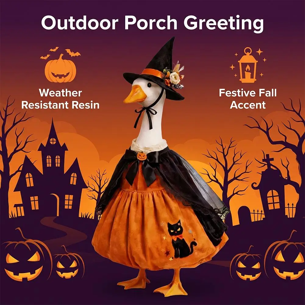 Nuevo Conjunto de Disfraz de Ganso para Escritorio de Porche de Halloween, 23 Pulgadas, Traje de Jardinero, Calabaza, Bruja con Sombrero y Capa, Decoración de Estatua para Jardín Exterior