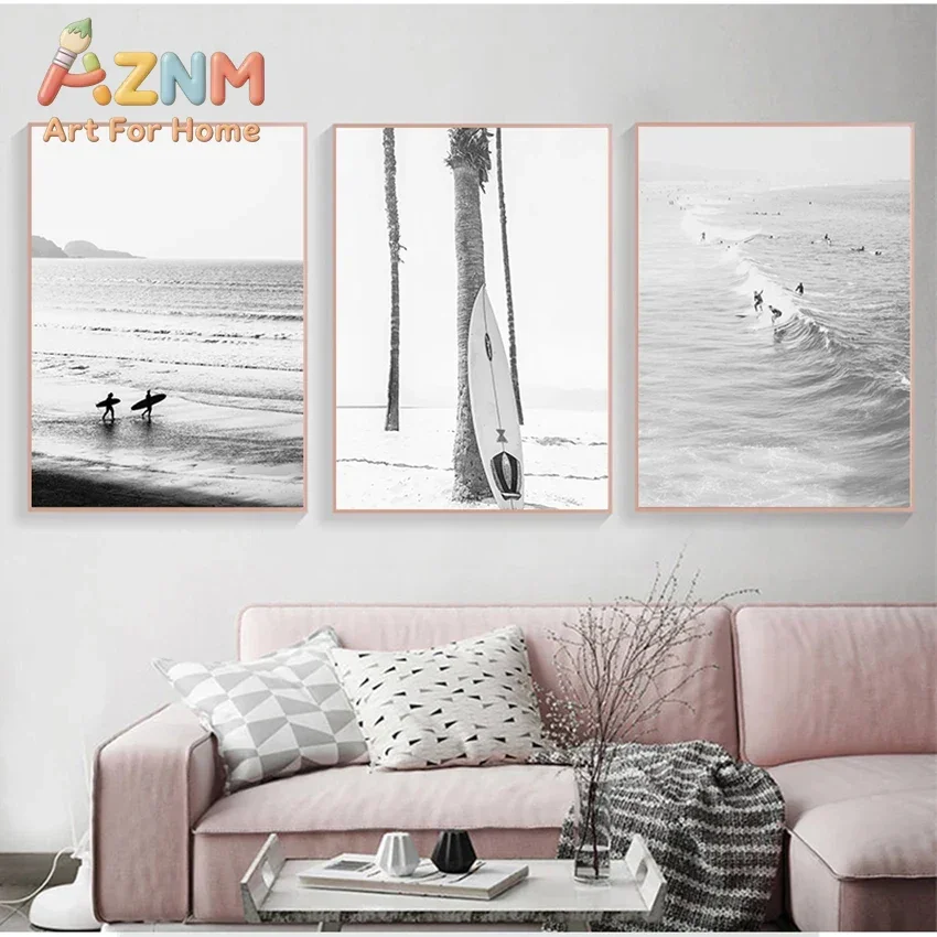 AZNM Black White Coastal Surf Canvas Painting, Vintage Beach Van Dolphin Palm Tree Seagull Photo Print, Summer Ocean Surfing Wal