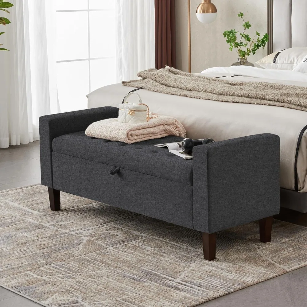 Padded storage bench, 55-inch push-button tufted entrance bench with solid wood legs, linen storage bench