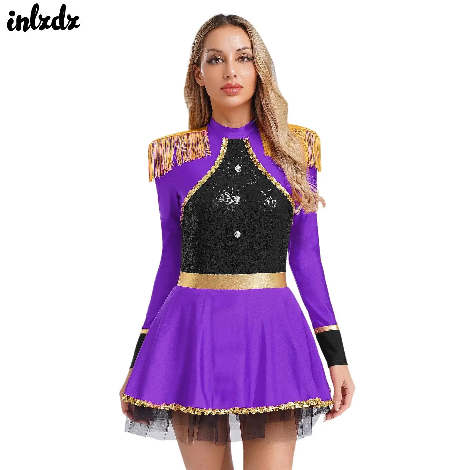 

Women Circus Ringmaster Master Lion Tamer Leotards Bodysuit Dress Fringe Shoulder Magician Band Drummer Circus Halloween Costume