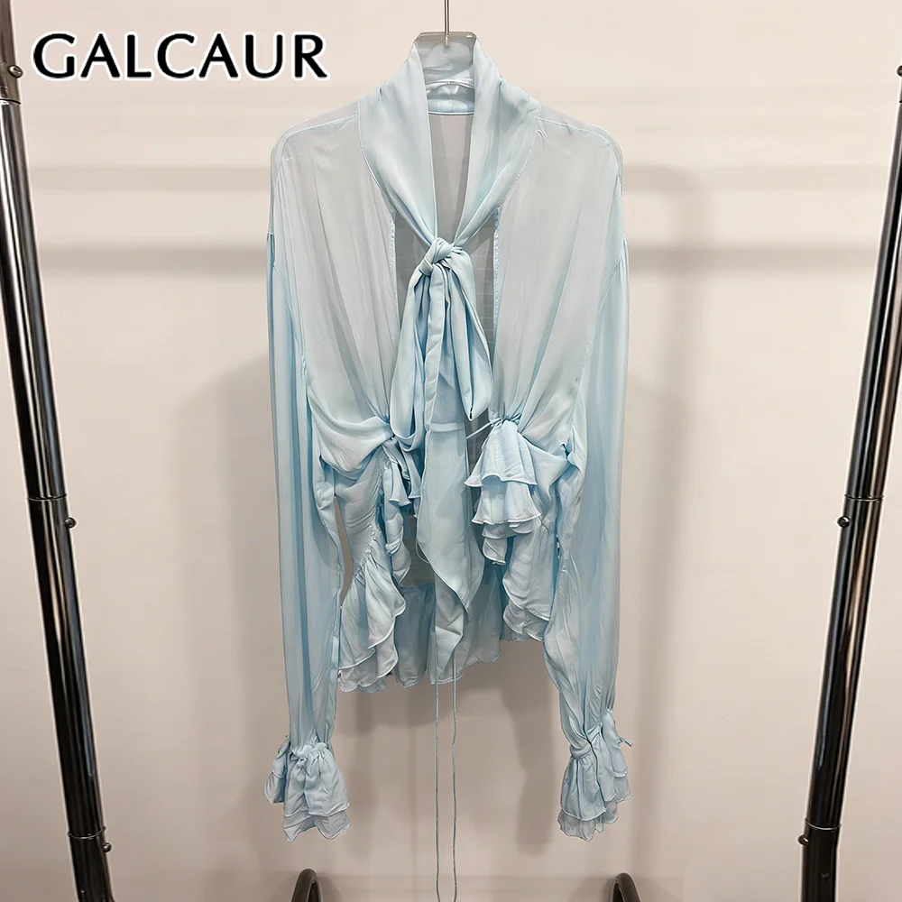

Женская блузка GALCAUR: элегантный топ с отложным воротником, длинными рукавами, прозрачными вставками, рюшами и пэчворком, новый стиль