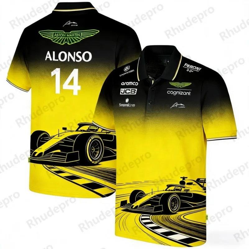 アストンマーティン-チーム-アロンソ-14-f1-レーシングテーマ-ポロシャツ-スポーツ-カジュアル-トップス-ユニセックス-ファッション-プリント-半袖