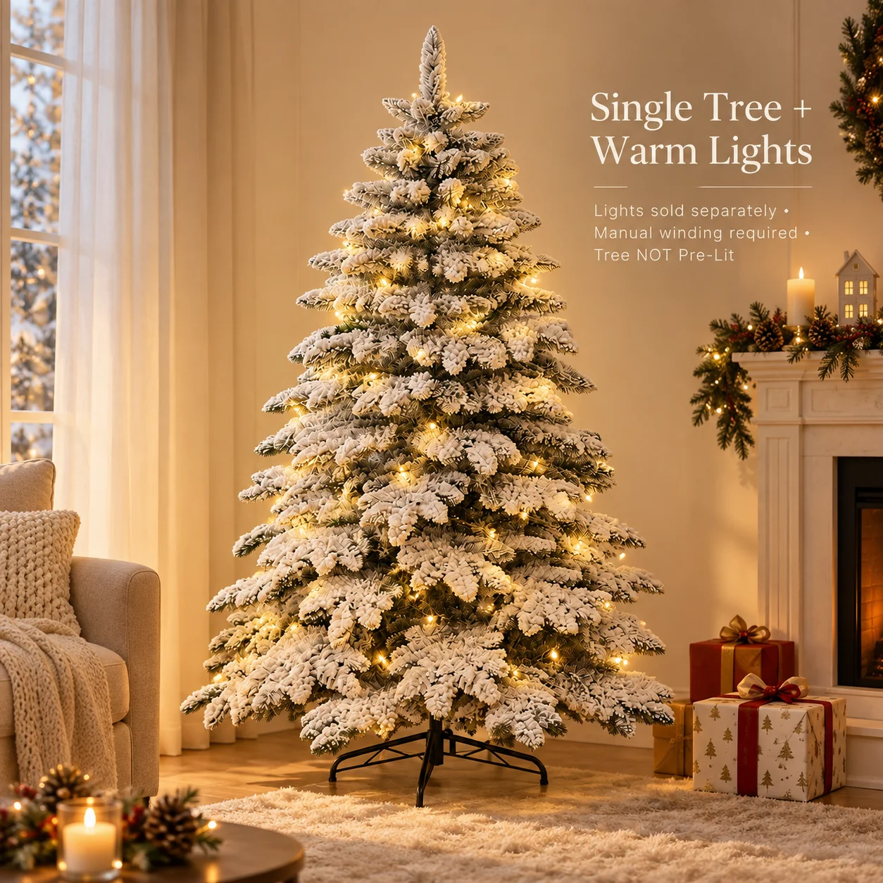 Flocked Artificial Christmas Tree PVC Snowy Pine 120-240CM with Metal Stand Optional Warm Lights Xmas Home Decor