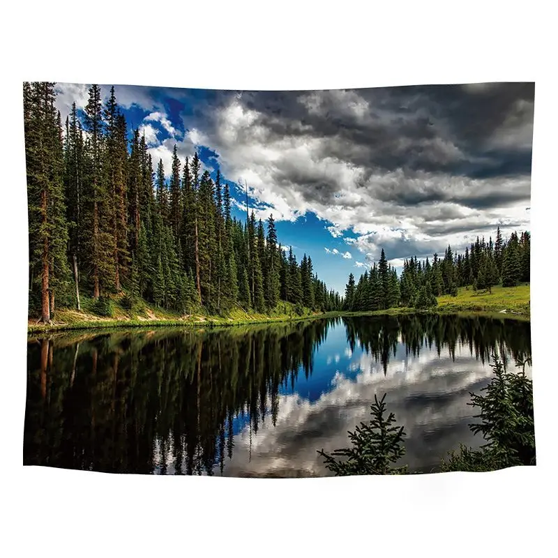 VIKAMA Coniferous Forest Lake Tapestry, Mountain Forest Still Water Photography Wall Hanging for Bedroom Living Room Decor