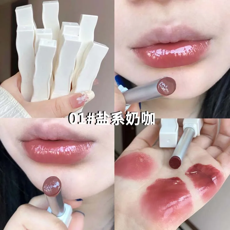 White Feather Mirror ลิปสติก Watery Moisturizing Long Lasting สีขาวไม่ซีดจาง Non-sticking Glass Pouting Lips เครื่องสําอางค์แต่งหน้า