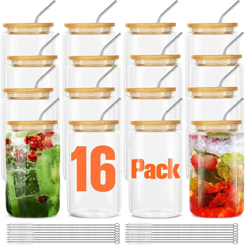 [16Pcs Set] Glass Cups With Bamboo Lids And Straws,16Oz Glass Water Bottles Glass Jars Cups Drinking Glasses