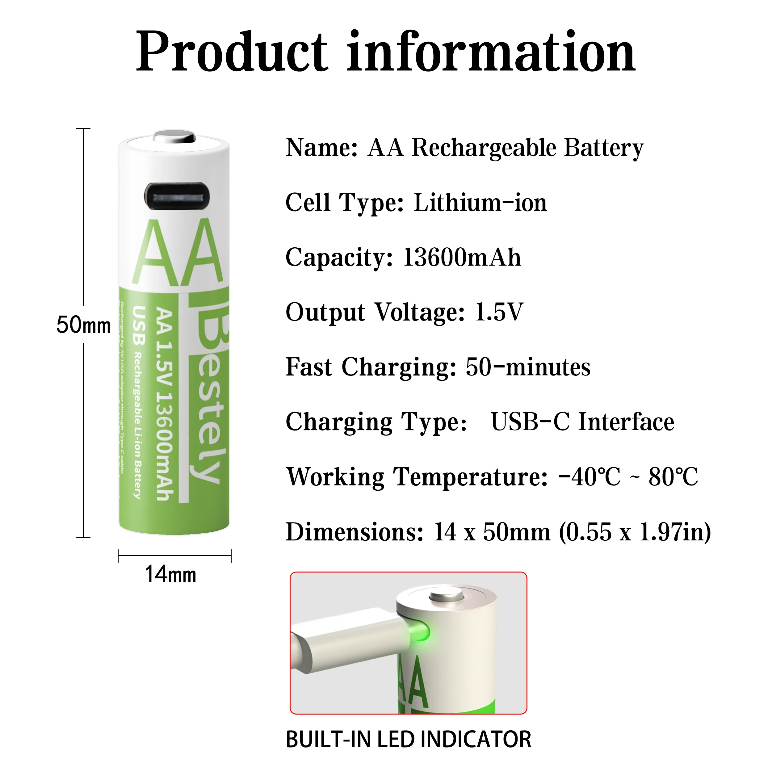 AA 1.5V 13600mAh USB-C Li-ion Rechargeable Battery Long Lasting Fast Charge Over 2000 Cycle Akku for Control Mouse alarms clock