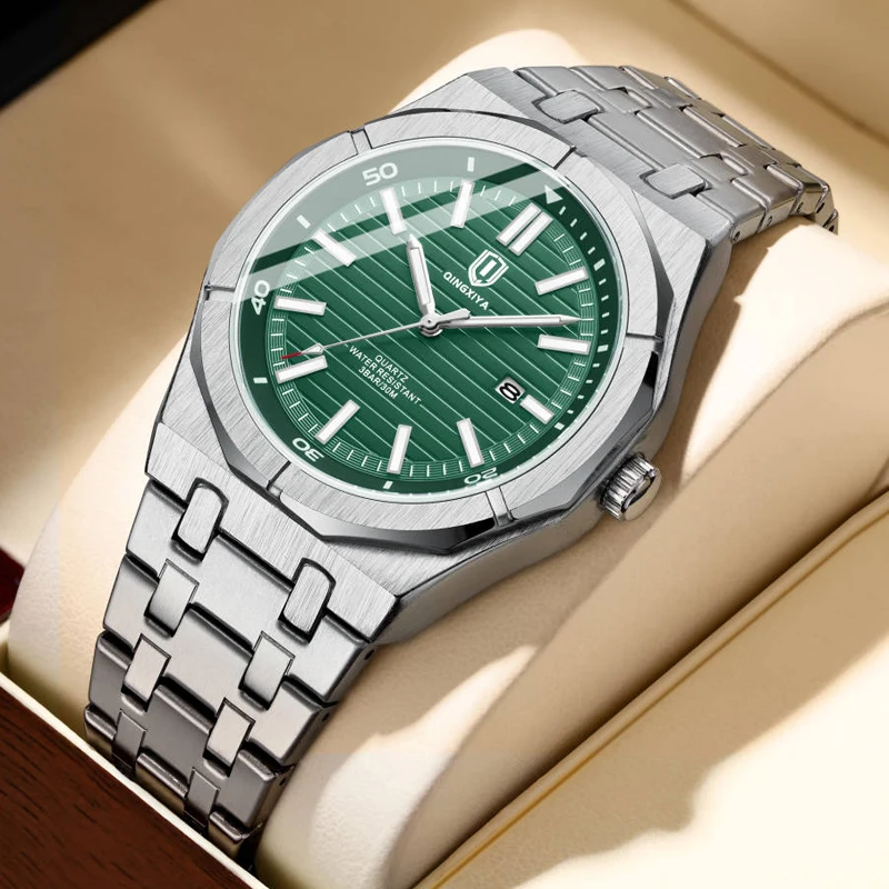 Luxury Brand Quartz Watch for Man Stainless Steel Waterproof Luminous Date Fashion Green Wristwatch Male Relogio Masculino