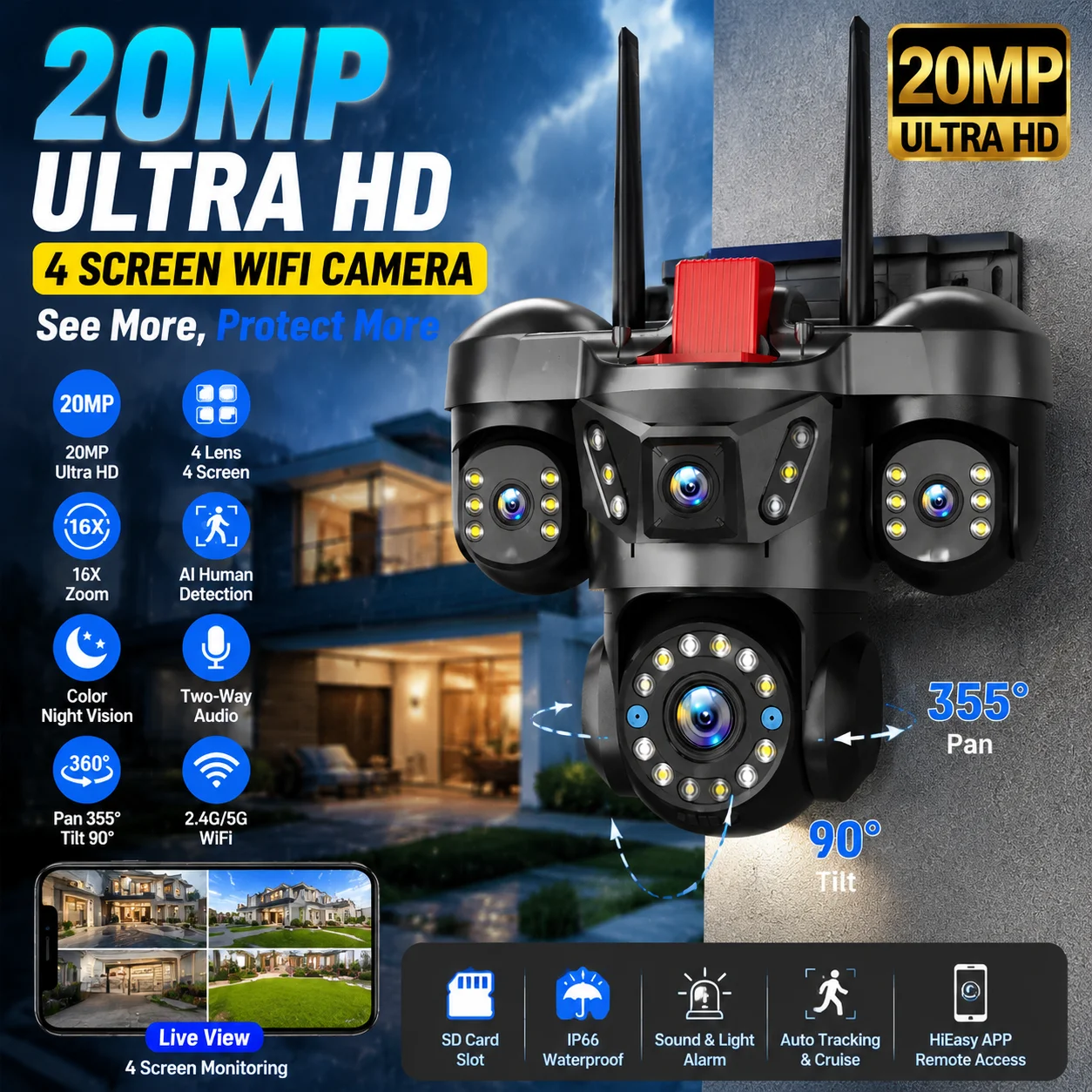 20MP 10K 4 Lens 4 Screen PTZ Security Camera Outdoor WiFi IP Camera 16X Zoom 360° View Auto Tracking CCTV Surveillance