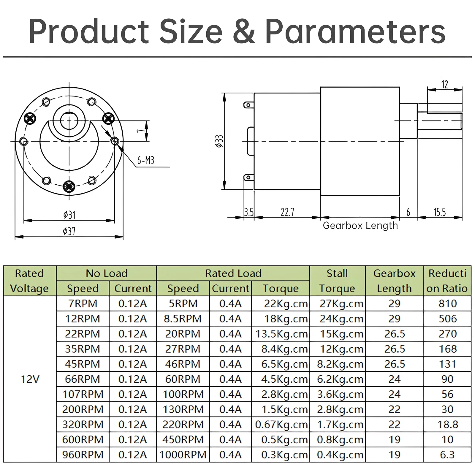 37GB-520 High Torque Gear Motor 12V 7RPM-960RPM Micro DC Motor Mini Reducer Motor for Electronic Engine Fan Gearbox