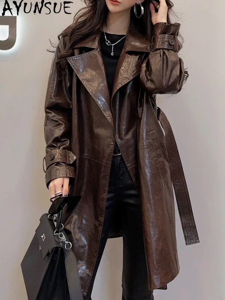 AYUNSUE 100% Genuine Sheepskin Windbreaker 2025 Autumn Mid Length Fashion Oil Wax Leather Jackets Woman Clothes Abrigo Mujer