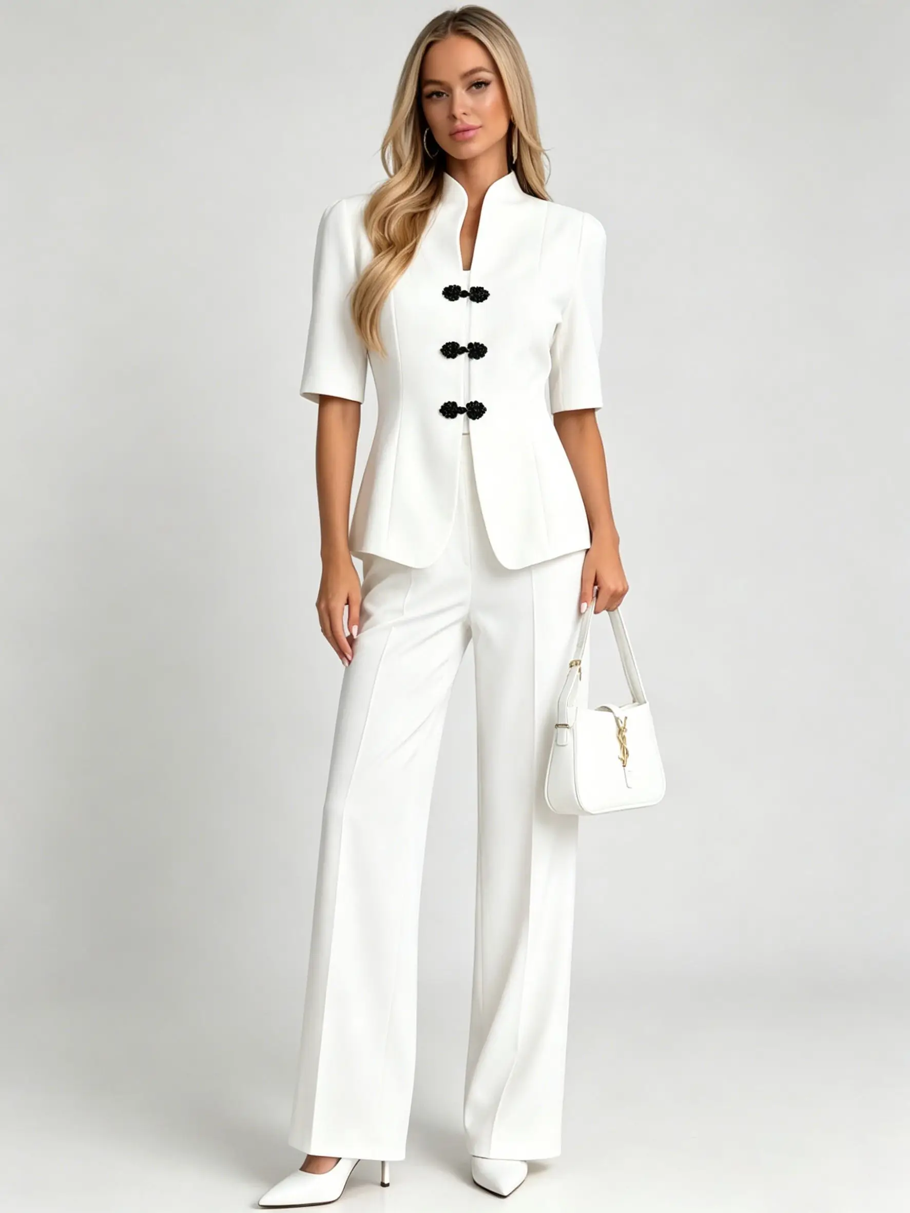 

2026 New Women's Oriental Two-Piece Suit, Mandarin Collar Frog Button Short Sleeve Blazer & High Waist Wide Leg Pants
