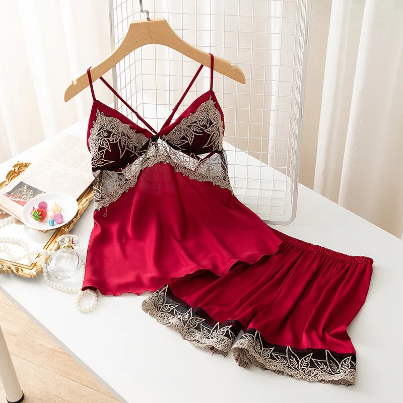 Female Satin Nightwear Two Pieces Camisole Sleep Set Lace Patchwork Strap Pajamas With Shorts Summer Home Clothes Thin Sleepwear