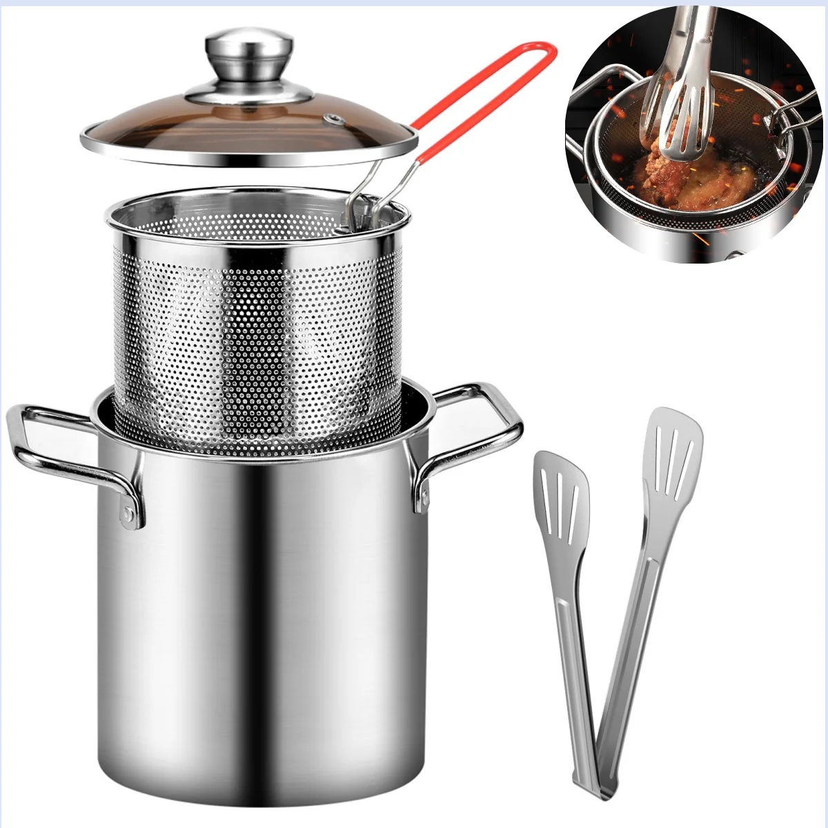 

Deep Fryer Pot 304 Stainless Steel Fry Pot with Basket and Lid Food Grade Deep Fryer Multifunctional Deep Frying Pot 3.2Quart