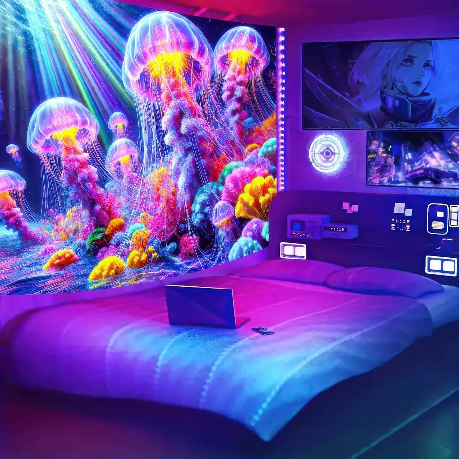 Neon Psychedelic Jellyfish Tapestry, Colorful Underwater Ocean Wall Hanging, Aesthetic Glow in the Dark Tapestry for Bedroom