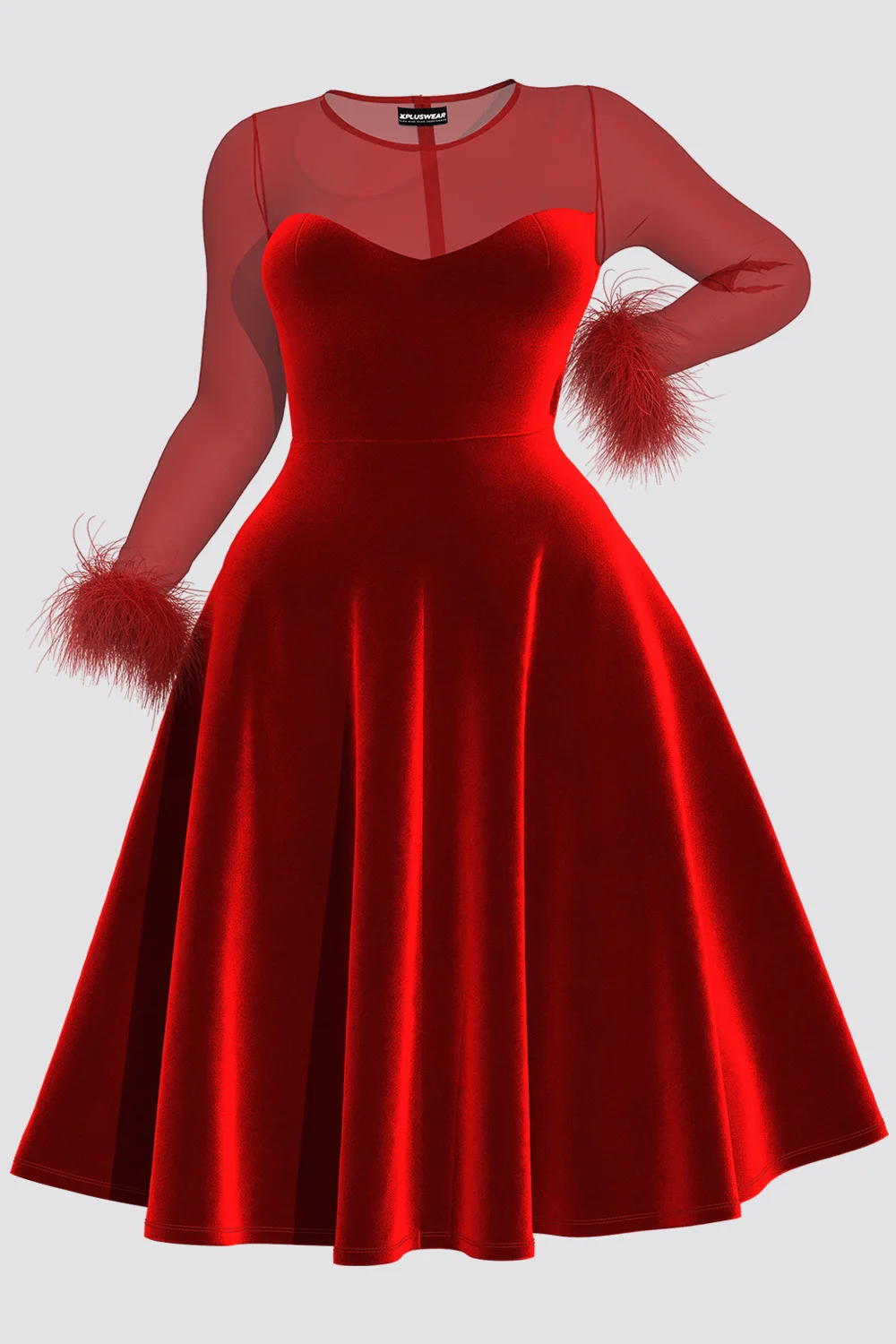 فساتين متوسطة الطول لحفلات الكوكتيل مقاس كبير أنيقة باللون الأسود للخريف والشتاء ورقبة دائرية وأكمام طويلة شفافة من خلال فساتين متوسطة الطول مخملية #3