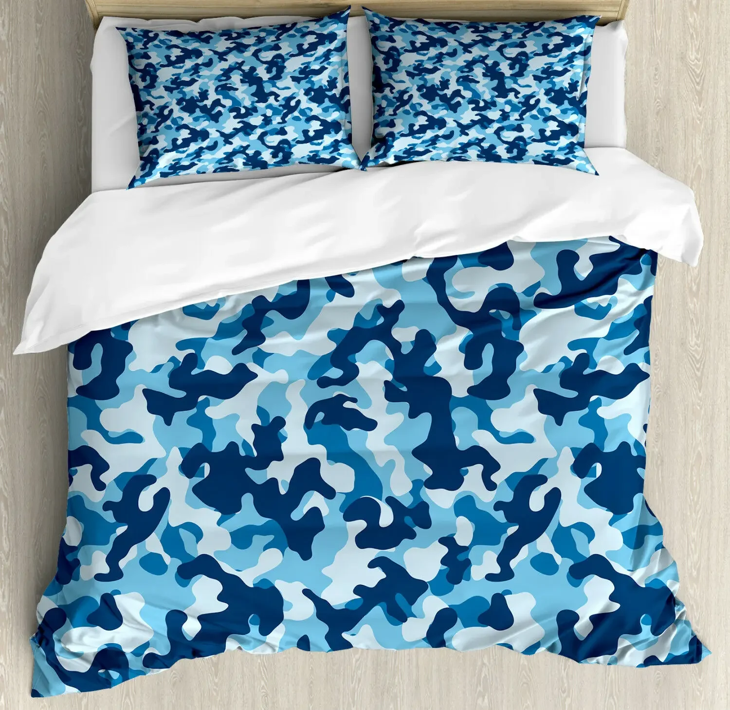 Camouflage Duvet Cover Set King Size Army Camo Bedding Set 3pcs for Teens,Dark Blue Print Comforter Cover with 2 Pillowcases