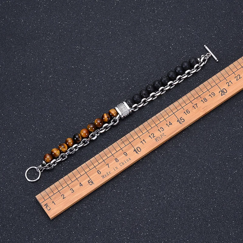 FTCY Natural Tiger Eye Stone Beaded Bracelet For Men Women Stainless Steel Hand Chains Natural Stone Metal Chain Brangle Jewelry