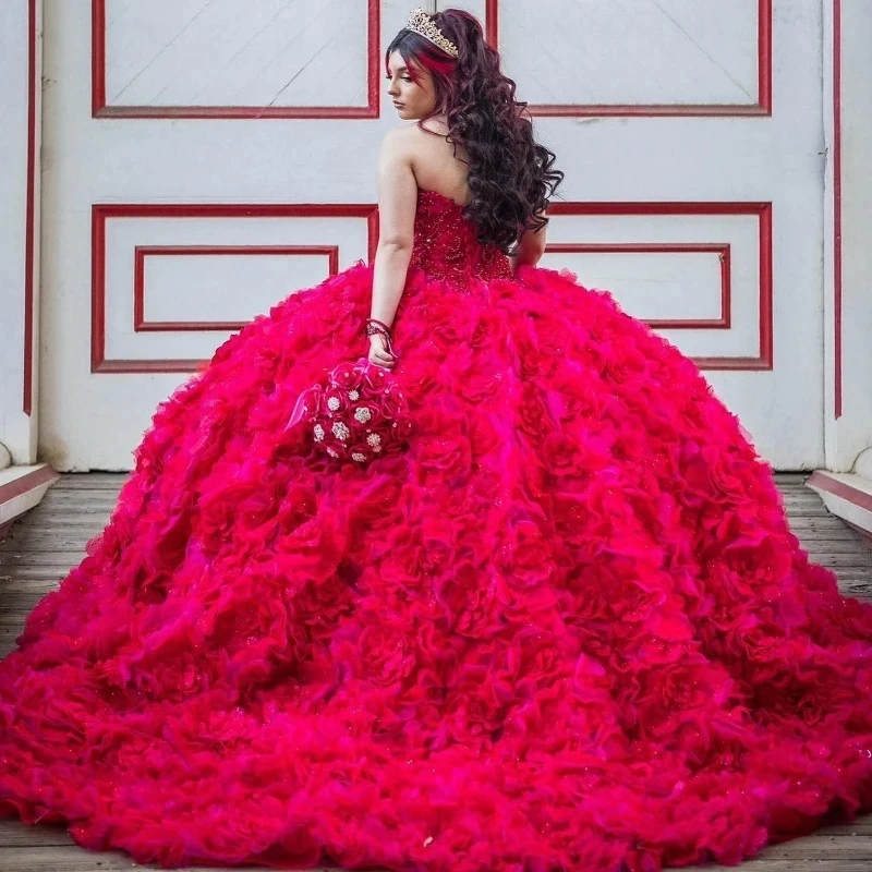 Red Rose Off The Shoulder Sequins Quinceanera Dresses for 15 Year Ball Gown Sexy V Neck Beads Flower Long Party Dress for Girl