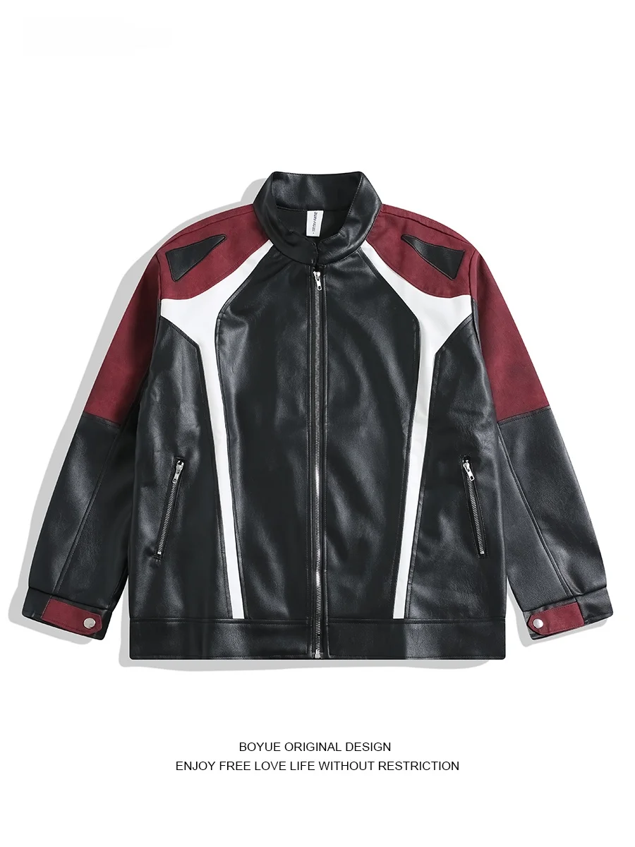 

Boyue American Motorcycle Patchwork High Street Men's Faion Racing Suit Jaet Boys Casual Outerwear Leather Coat