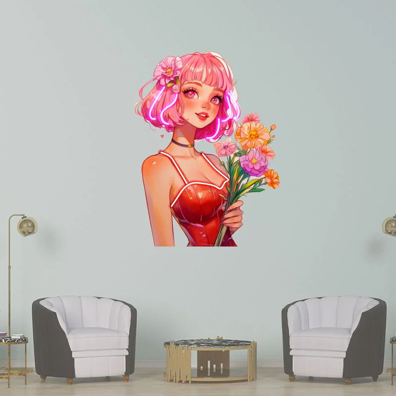 Pink Haired Girl Holding Bouquet Of Flowers LED Neon Sign